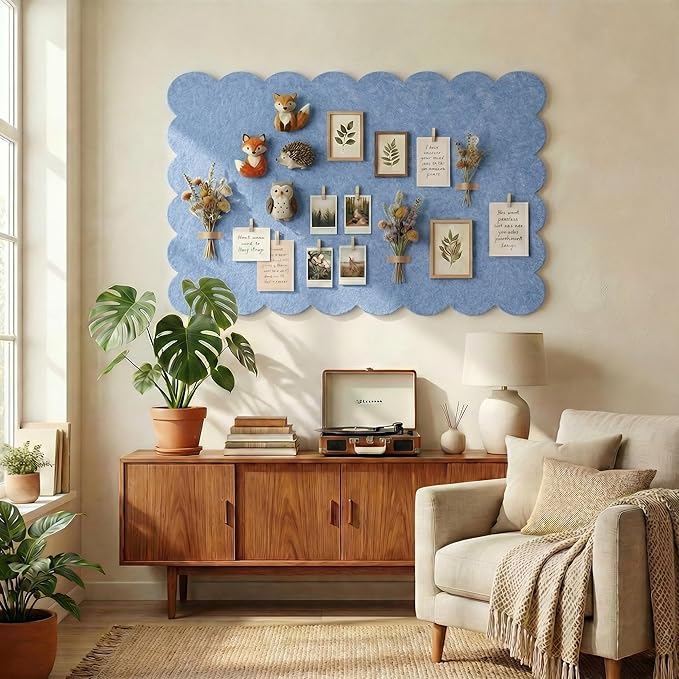 Scalloped Felt Board 36x24 Inches - Self-Adhesive Foldable, with 30 Pushpins, Cork Board Alternative - Decorative Pin Board for Wall, Home, Office & School (Light Blue, 36"x 24")
