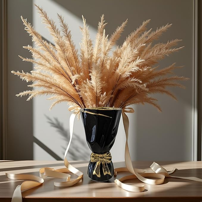 Black and Gold Bow Ceramic Vase - Flower Vases for Home Decor, Bow Decor, Boho Style, 9.65 Inch Flower Vases for Bouquet, Large Vase for Ideal Shelf Decor/Table (Black and Gold, Large)