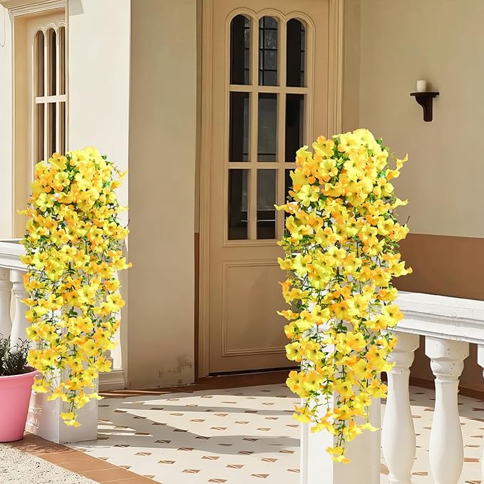 Waipfaru Artificial Petunias Flowers for Outdoors, 4 Pcs UV Resistant Fake Hanging Plants Spring Outside Decor, Faux Silk Flowers Long Trailing Vines for Outdoor Planters Porch Garden (Yellow)