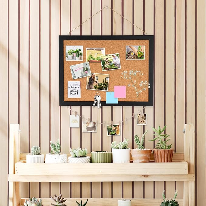 DOLLAR BOSS Cork Bulletin Board 1-Pack 16''X 12'' Double-Sided Cork Boards for Walls Wood Framed Corkboards, Small Pin Board for Home Kitchen Office Decorative Hanging 10 Pushpins, Black