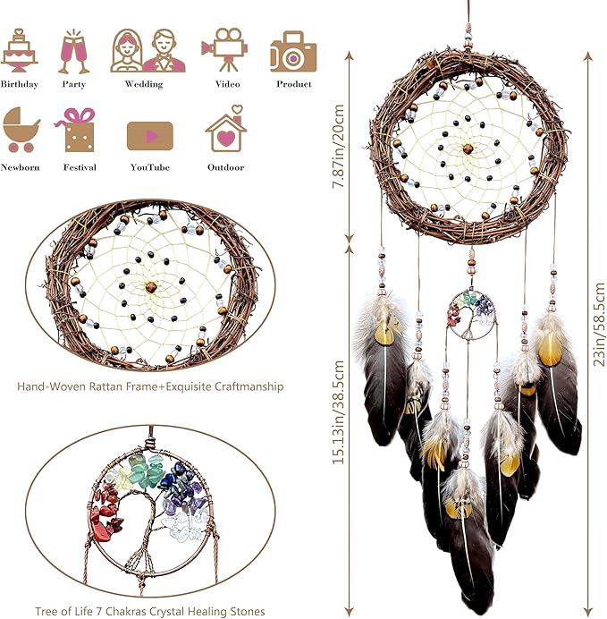 Tree of Life Dream Catcher, Handmade Woven Traditional Craft Rattan Dream Catchers Wall Hanging Ornament,7 Chakras Crystal Healing Stones Art for Bedroom Decor, Festival Blessing Gift (Dark Brown)