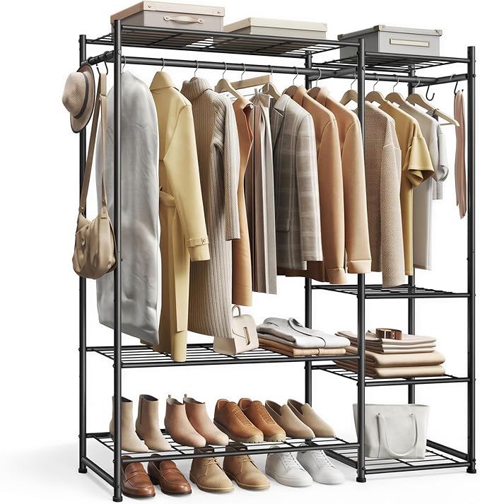 SONGMICS Portable Closet Wardrobe, Clothes Rack, Closet Organizers and Storage, Freestanding Clothing Rack with 7 Shelves, 2 Hanging Rods, Metal Frame Rack, for Bedroom, Entryway, Black ULGR010BZ03S