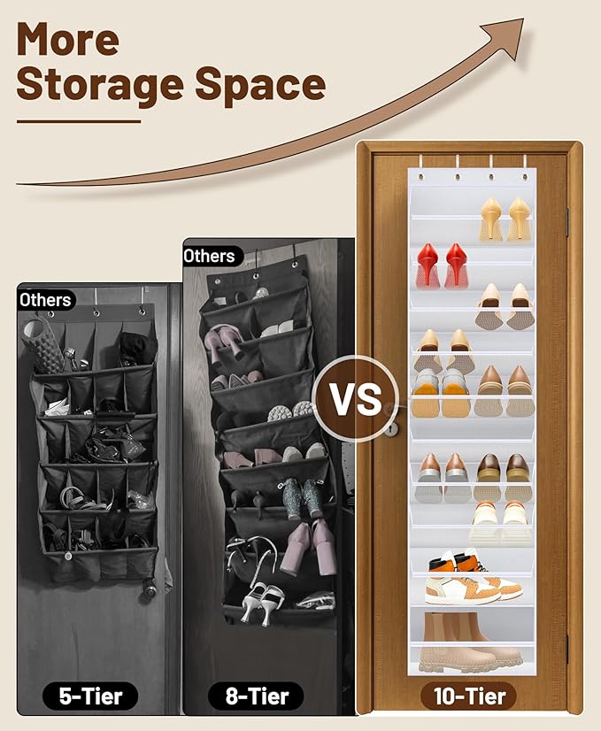 MISSLO 10 Tier Over the Door Shoe Organizer Breathable Mesh Hanging Shoe Rack for Closet Storage Shoe Holder for Door Fit 20 Pairs Sneakers, Sandals, Heels, Boots (White)