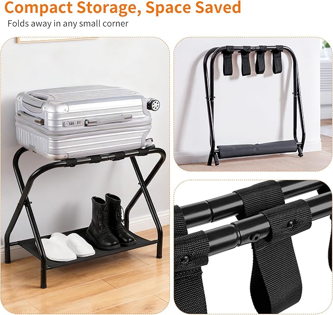 Heybly Luggage Rack for Guest Room, Pack of 2, Steel Folding Suitcase Stand with Storage Shelf for Bedroom, Hotel, Foldable Steel Frame, Guest Room 26.2" L x 14.4" W x 20.5" H, Black HLR004B2