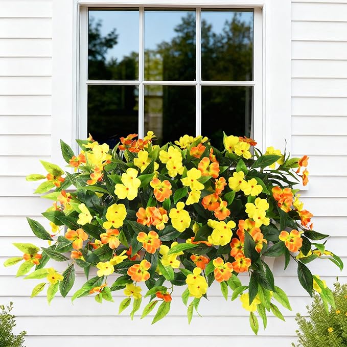Artificial Flowers for Outdoor, 2 Bundles UV Resistant Fake Plants Decoration Realistic Faux Silk Flowers No Fade Plastic Flowers for Outside Planters Home Porch Patio Yard Garden Decor