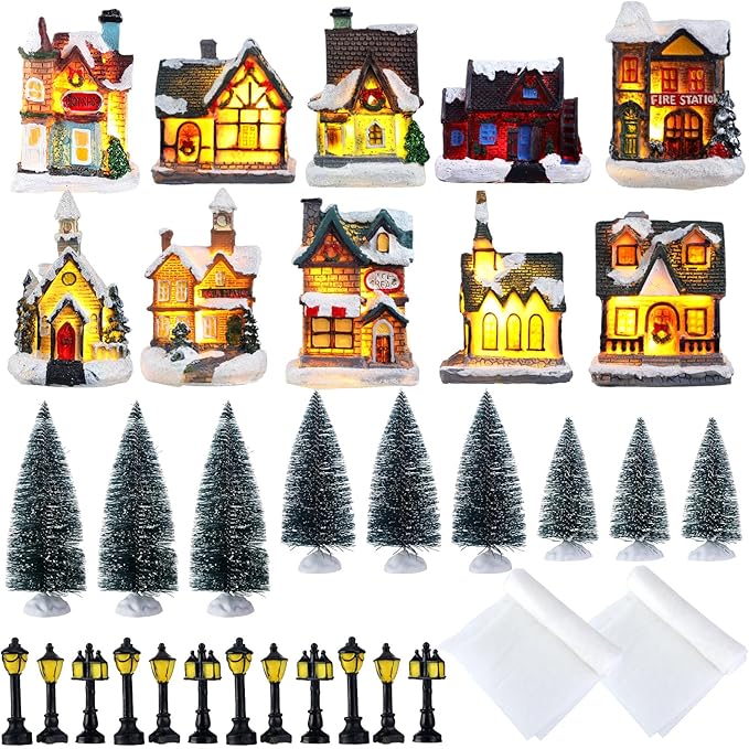 Shappy 48 Pcs Christmas Village Houses Town Buildings Accessories 10 Light up Christmas Village House 12 Mini Trees 12 LED Lights 2 Snow Blanket Box for DIY(Classical Style)