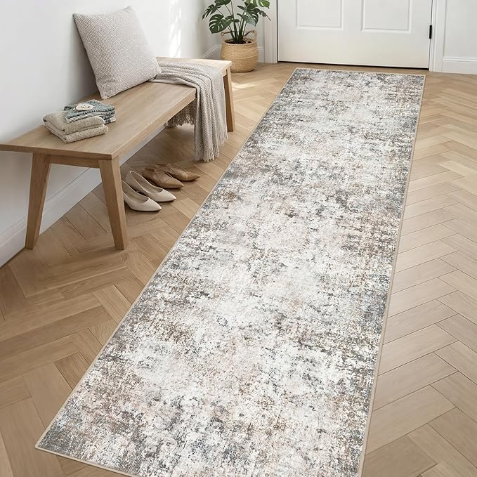 Washable Area Rug 3x14 Entryway Rug: Washable Modern Abstract Soft Thin Rug Indoor Floor No Slip Stain Resistant Carpet for Bedroom Dining Room Farmhouse Nursery Home Office - Brown Grey