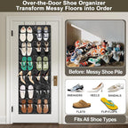 Over the Door Shoe Organizer - Space Saving Shoe Rack for Closet Door with 24 Crystal Clear Pockets and Metal Hooks, Shoe Holder Back of Door Organizers for Shoes, Hanging Shoe Organizer (Black)