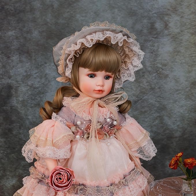 18 Inch Kawaii Porcelain ＆ Fabric Doll Cute European Retro Handmade Ceramic Doll with Showing Stand for Room Decor, Birthday Gifts, Collectible ，Name Olivier (Pink)