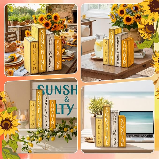 Lineshading 4 Pcs Summer Table Decoration Wooden Book Sunflower Decoration Yellow and White Summer Tiered Tray Decor Wood Book Sign Farmhouse for Home Shelf Coffee Table