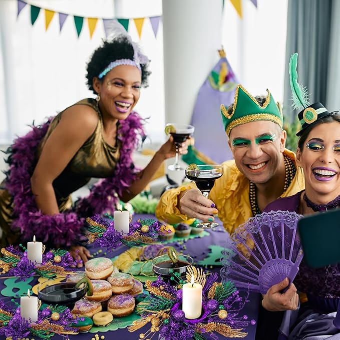 6 PCS Mardi Gras Purple and Green Glitter Mini Cabinet Wreaths for Front Door Carnival Party Decor Wreath Mardi Gras Hanging Garlands Candle Rings for Front Door Home Window Chair Wall Indoor Outdoor