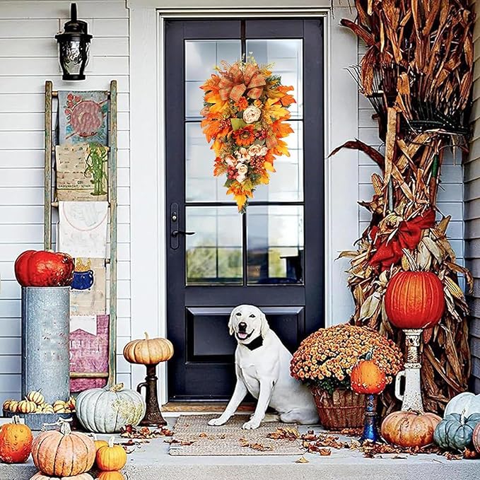 Fall Swag for Front Door – Maple Berry Teardrop Arrangement, Harvest Holiday Garland, Seasonal Ornament for Porch, Entryway, Lobby, Window Display, Mantel Decoration, Festival Celebration
