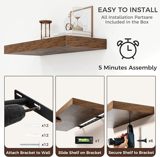 Venusmiles Floating Shelves for Wall, 30" W x 12" D x 2" H, 2 Pack of Long Wall Mounted Engineered Wood Shelves with Invisible Brackets for Living Room, Bedroom, Bathroom, Kitchen Decor, Brown
