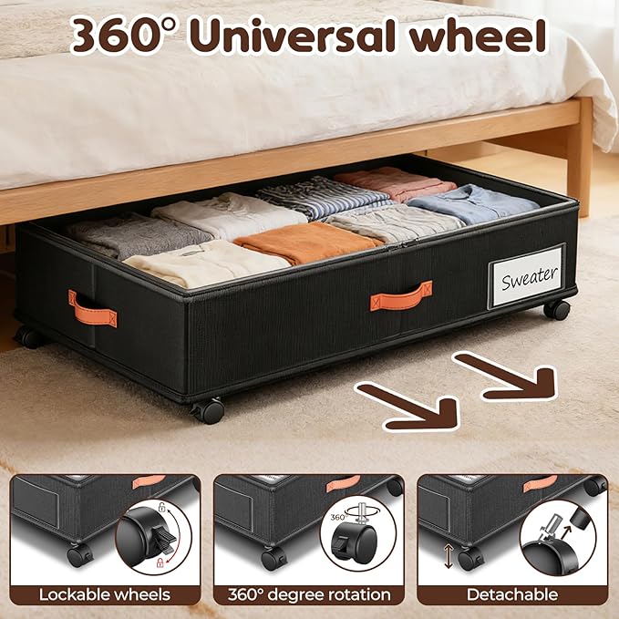 Under Bed Storage with Wheels 2-Pack, Under Bed Storage Containers 66L Clear Lids, Rolling Storage Drawers for Clothes Shoes Blankets, Underbed Organizer Bins(32" L x 17.3" W x 7.2" H)