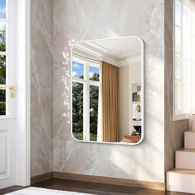BONEWEI White Bathroom Mirror,36x48 inch Wall Mirror for Bathroom Wall Mounted,Rectangle Mirror for Bathroom Over Sink,Modern Frame Round Corner for Living Room,Bedroom Entryway,Horizontal/Vertical