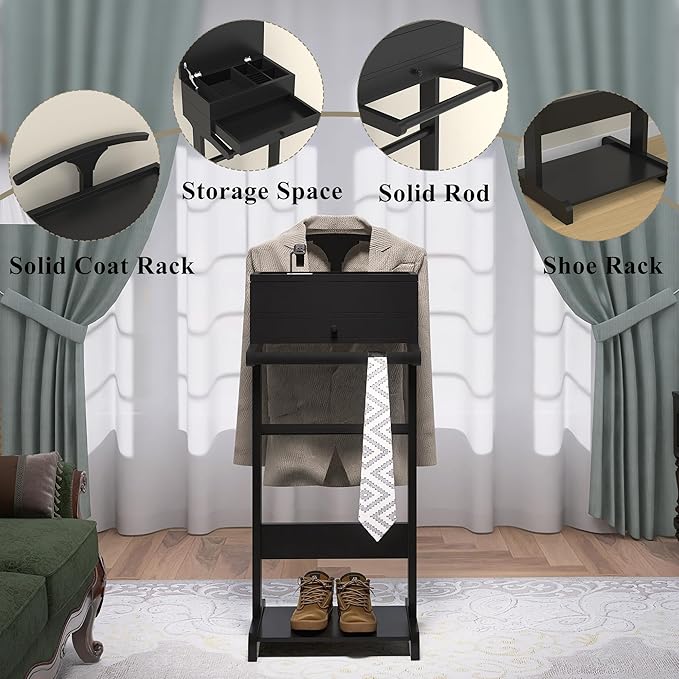 Mens Valet Stand with Drawer, Tray, Shoe Shelf and Suit Rack, Wooden Clothing Rack for Men Women, Clothes Valet Stand for Bedroom Entryway