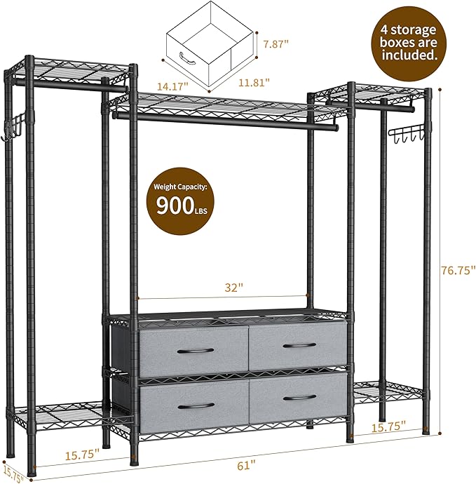 Heavy Duty Garment Rack Clothes Rack,Large Metal Closet Organizer System Storage Wardrobe,Freestanding Clothing Rack with 8 Adjustable Wire Shelves&3 Hang Rods,MaxLoad 900lbs