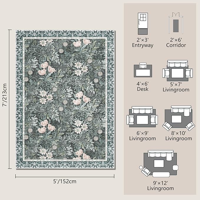 Vintage Floral with Ornate Border Washable 5x7 Area Rug, Soft Low Pile Carpet for Living Room, Dining Room Under Table, Bedroom | Non-Slip, Stain Resistant & Durable