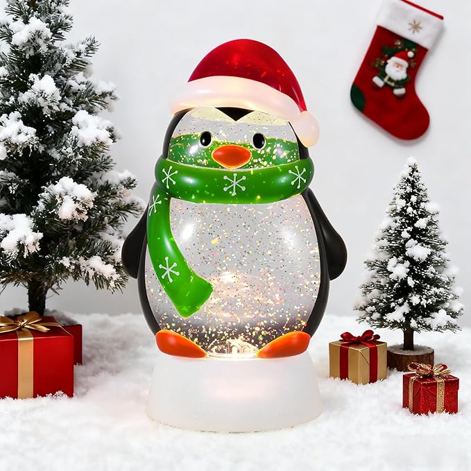 Christmas Snow Globe Penguin Lighted Musical Glitter Globe Battery Operated or USB Powered with Timer Water Glittering Snowing Globe for Christmas Party Home Table Decorations Gifts (Penguin)