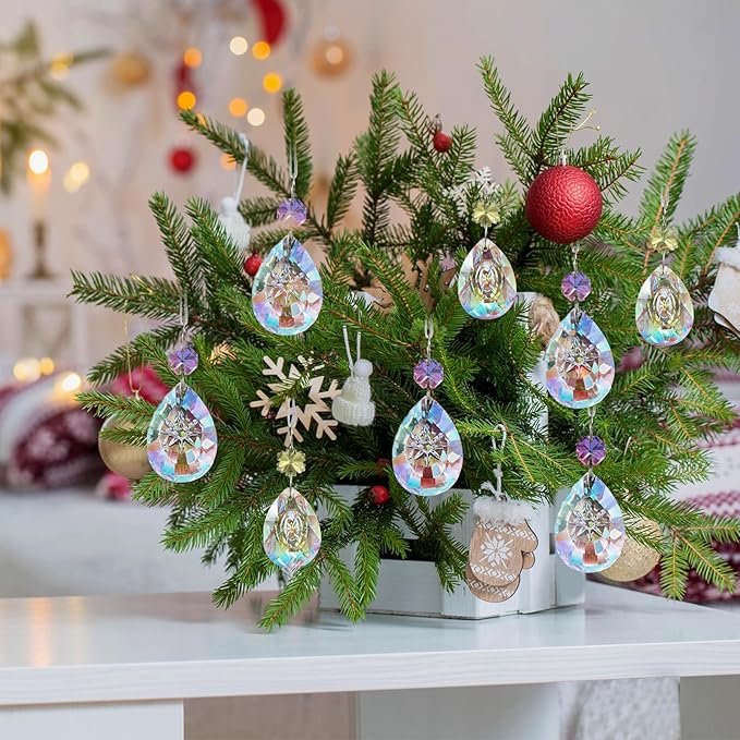GuassLee Crystal Ornaments Christmas Tree Decorations, 12 Pcs AB Color Teardrop Crystal Hanging Ornaments for Christmas Tree Xmas Bead Chandelier Garland New Years Holiday Party Supplies Decor
