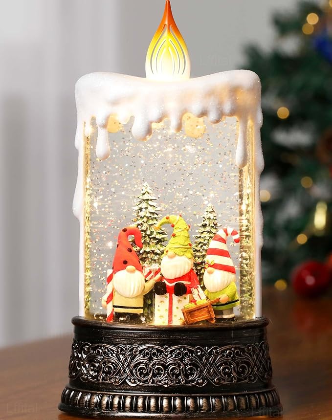 Christmas Snow Globe Gnome Snow Globe Lantern, Light Up Christmas Decorations for Home Musical Lantern Candle Shaped with Timer, Home Decor Festival Gife, USB & Battery Operated 10 Inch