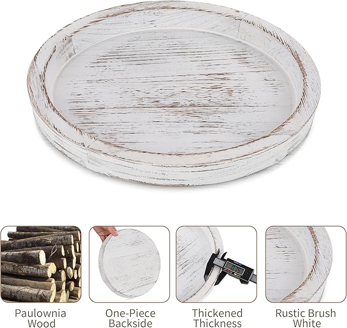 Hanobe Candle Plate Holder Tray: Round White Wood Decorative Tray Decor - Rustic Farmhouse CoffeeTable Decor - Tealight Pillar Trays for Home Decor