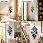 Rattan Dream Catchers with Peacock Feather, Boho Wall Decor Rustic Wooden Native American Wall Art for Bedroom Living Room (Blue Peacock)