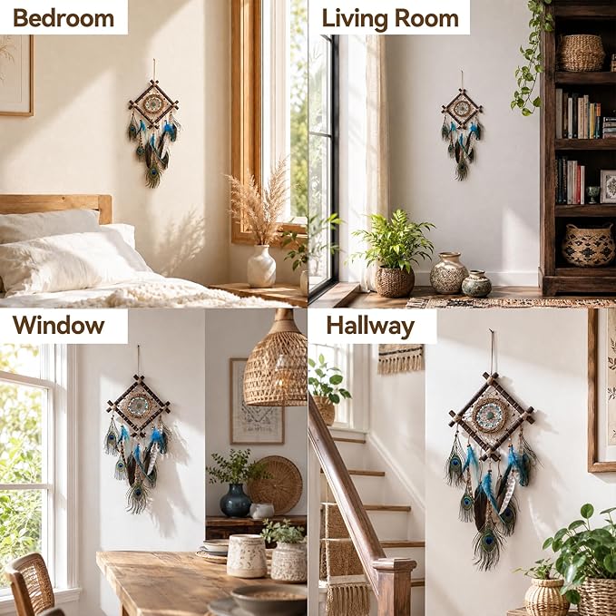 Rattan Dream Catchers with Peacock Feather, Boho Wall Decor Rustic Wooden Native American Wall Art for Bedroom Living Room (Blue Peacock)
