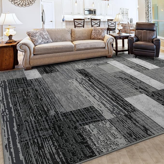 FlyDOIT Modern Geometric Patchwork Area Rug, 9x12 Grey Large Rugs for Living Room, Rockwood Collection Indoor Rugs for Bedroom, Throw Carpet Floor Decor for Entryway Dining Room Office Nursery