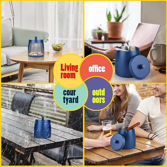 Smokeless Ashtrays for Cigarettes Indoor Outdoor Ash Tray Sets for Cigarettes Outdoor Windproof Cute Home Outside Metal Ashtrays with Lid for Patio, Blue, Medium