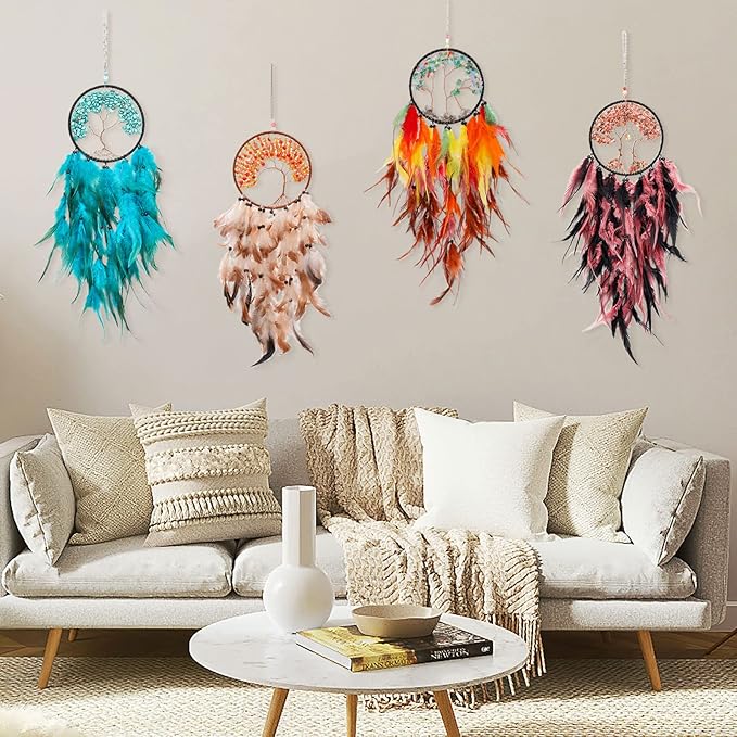 Pretty Jolly Aqua Blue Tree of Life Dream Catcher Wall Decor with Healing Crystal Stone Handmade Blue Green Feather Dream Catchers Decoration Wall Hanging Bedroom Room Wedding Party Wish Gift-25.6"