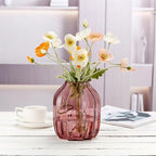 Large Pink Glass Vase for Flowers Ribbed Tall Pink Red Floor Vase 8.0" Decorative Vases for Home Table Centerpieces Flowers Decor and Farmhouse