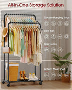 Clothes Rack - Double Rods Clothing Rack with Mesh Shelf, Hooks & Wheels, Metal Clothing Racks for Hanging Clothes & Bags, Multifunctional Garment Rack for Laundry, Black, 28.7" x 16.5" x 59.1"