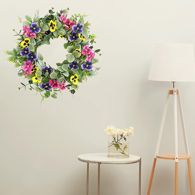 Artificial Spring Summer Wreath with Pansy Flowers,Flocked Lamb Ear Leaves,Eucalyptus Leaves,Fern Branches for Front Door Indoor Outdoor Farmhouse Wall Holiday Decor, White Gift Box Included