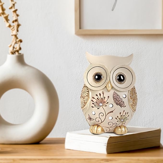 Owl Statue for Home Decor Accents - Boho Decor for Rooms, Bookshelf, Office Table and Living Rooms, Vintage Cute Figurines for Bird Lovers Owl Gifts