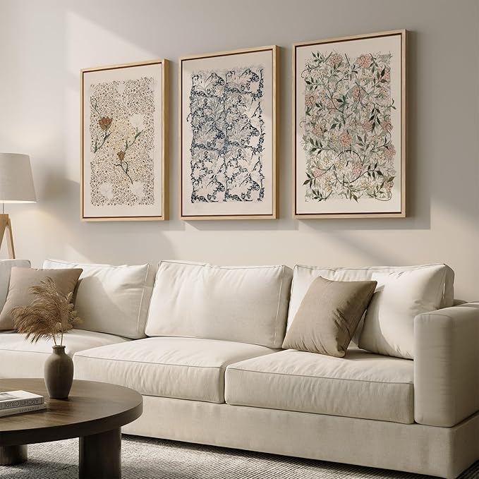 Framed Large William Morris Canvas Wall Art Set of 3, Vintage Nature Floral Artwork Prints, Boho Neutral Botanical Wall Decor for Living Room, Bedroom, Hallway and Office, Total Size 30x60
