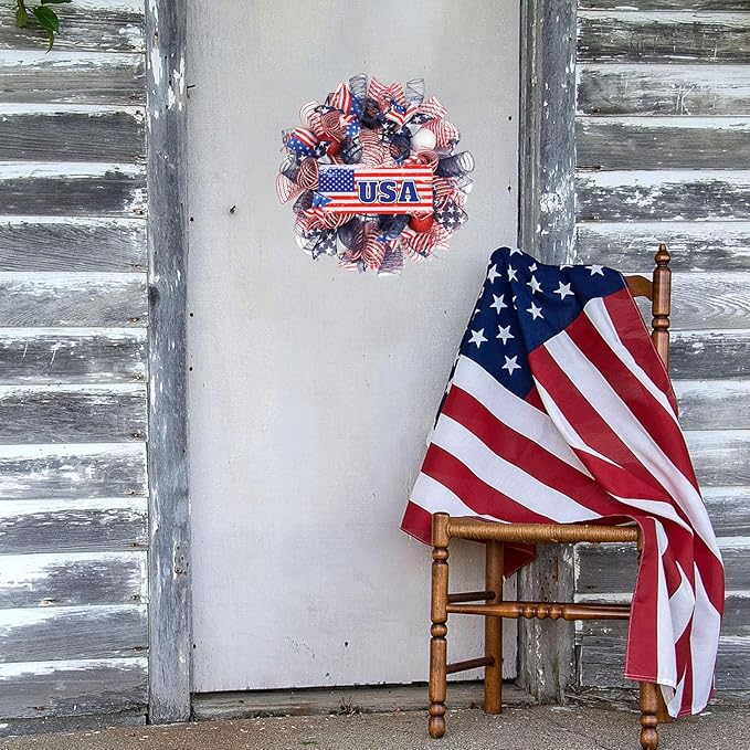 Patriotic Wreath for Front Door Red White Blue Wreath 4th of July Wreaths for Door Wall Memorial Day Decor Independence Day Hanging Decoration for Outside Home Farmhouse Holiday (USA)
