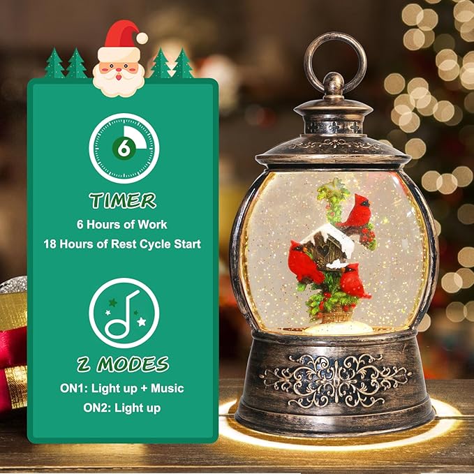Christmas Cardinal Snow Globe 12.5In High, Musical Snow Globe Lantern Lights with 6 Hour Timer, Retro Style Holiday Glitter Globe for Xmas Home Decoration and Santa Gifts-Red Cardinal