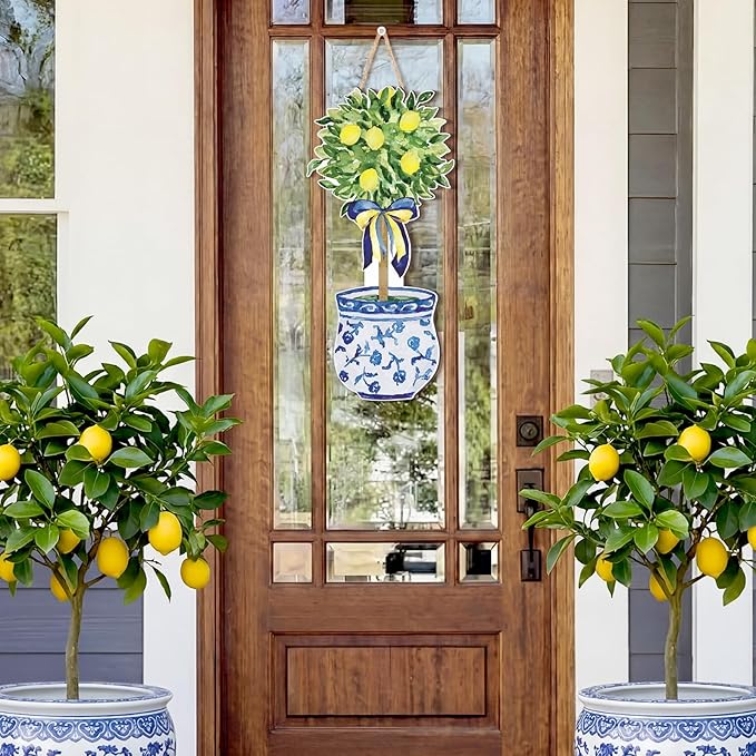 RattanView Large Size Chinoiserie Lemon Tree Door Hanger Rustic Topiary Wooden Sign Front Door Home Wreath Ornament for Farmhouse Indoor Outdoor Yard Porch Welcome Decor, 27.16 x 11.81 in