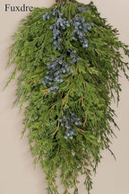 20" Christmas Artificial Juniper Swag Blueberries Teardrop Front Door Decoration Pine Cedar Real Touch Xmas Faux Evergreen Juniper Swag with Hanging Ring for Windows Wall Stair Outdoor Decor