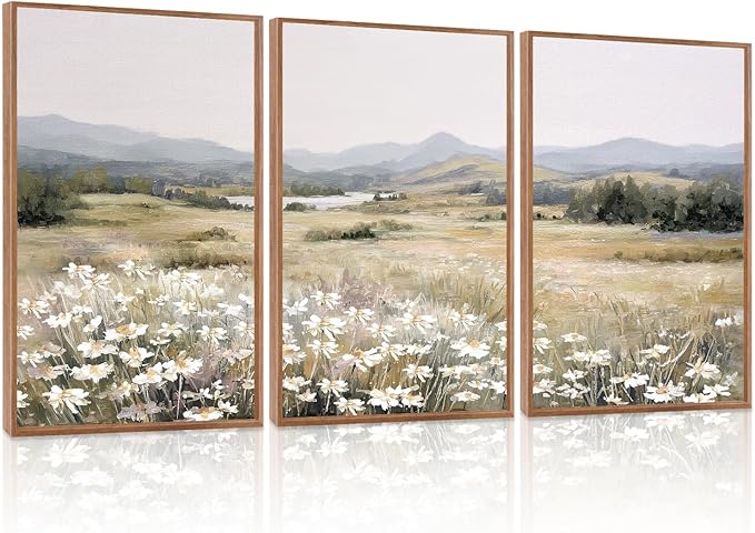 KAIRNE Landscape Canvas Wall Art,Boho Floral Prints Set of 3(24”X36”),Flower Garden Paintings,Wildflower Field Scene Wall Decor,Botanical Art for Living Room Bedroom Kitchen Farmhouse Decor,Framed