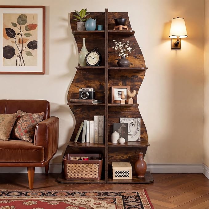 VECELO 2 Pcs Wavy Corner Shelf, Decorative 5-Tier Storage Bookshelf, 70.1” Tall Freestanding Display Bookcase for Small Spaces, Living Room or Bedroom, Rustic Brown