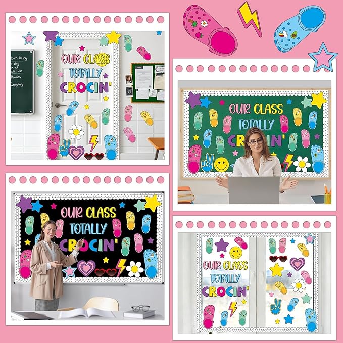 Summer Bulletin Board Decorations Set June Our Class Totally Crocin' Clsssroom Decor Smile Face Groovy Retro Colorful Shoe Charms Paper Cutouts for Back to School Chalkboard Wall Door Teacher Supplies