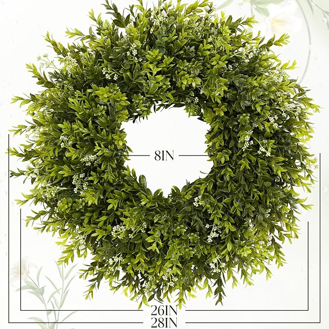 28'' Large Boxwood Wreath for Front Door Porch Window Artificial Boxwood Leaves with White Seed Greenery Outdoor Indoor Wreath for Home Farmhouse Wall Decor Spring Summer Fall All Seasons (Green)