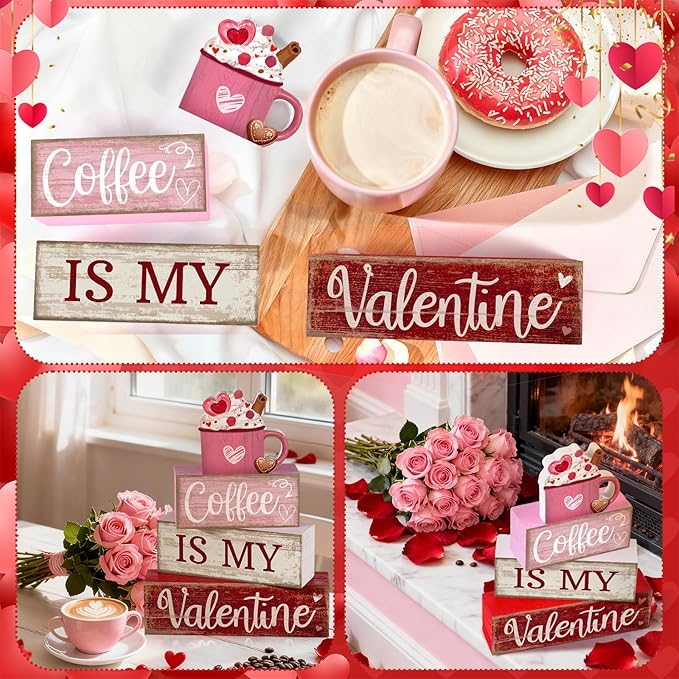Lineshading 4 Pcs Valentine's Day Table Decor Wooden Cocoa Decoration Centerpiece Pink Heart Tiered Tray Decor Love Block Signs Gift Farmhouse Decoration for Valentine's Day Home Kitchen