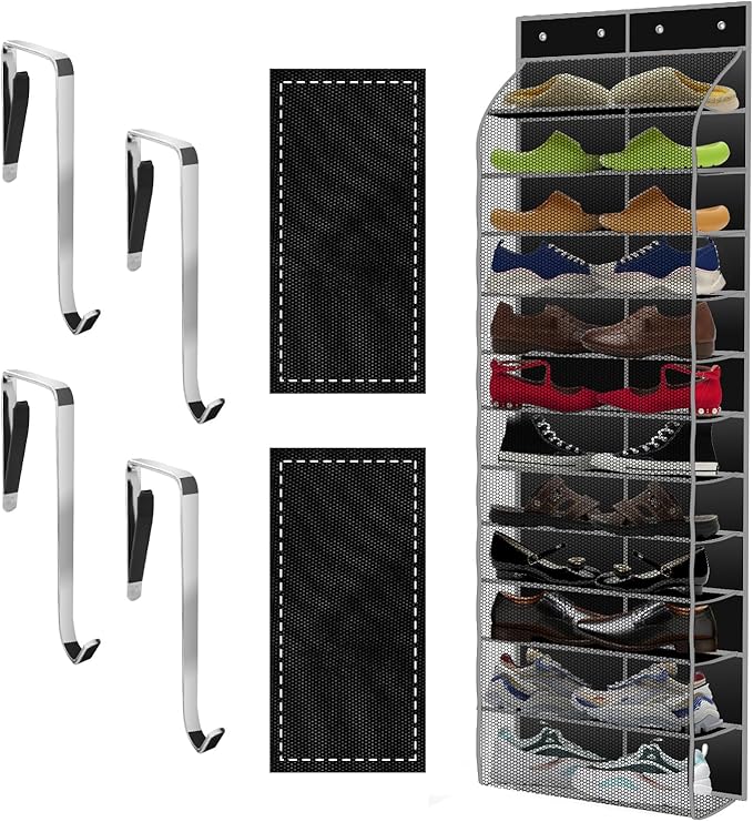Over The Door Shoe Organizer with 12 Large Breathable Pockets - Durable Hanging Storage for the Entire Family's Shoes (Black)
