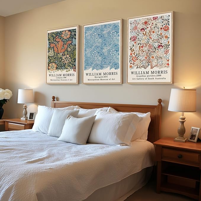 Framed William Morris Wall Art Set of 3, Large Vintage Floral Botanical Canvas Prints, Colorful Nature Artwork for Living Room, Bedroom, Hallway or Office Decor, Total Size 30x60 Inch