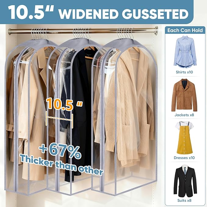 BALEINE 40'' Clear Garment Bags, 10.5'' Wide PEVA Suit Bag for Closet Clothes Dresses Suit Coats Storage (Clear, 3PK)