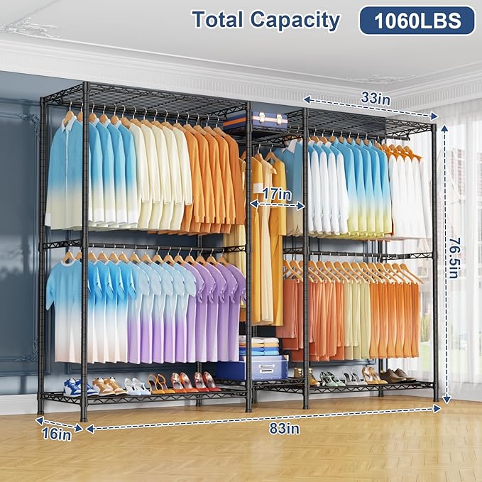 Ulif E12 Max Clothes Rack，Heavy Duty Freestanding Garment Rack with Shelves，Metal Clothing Closet Storage System for Hanging Clothes，83" W x 16" D x 76.5" H, Hold 1060 lbs，Black