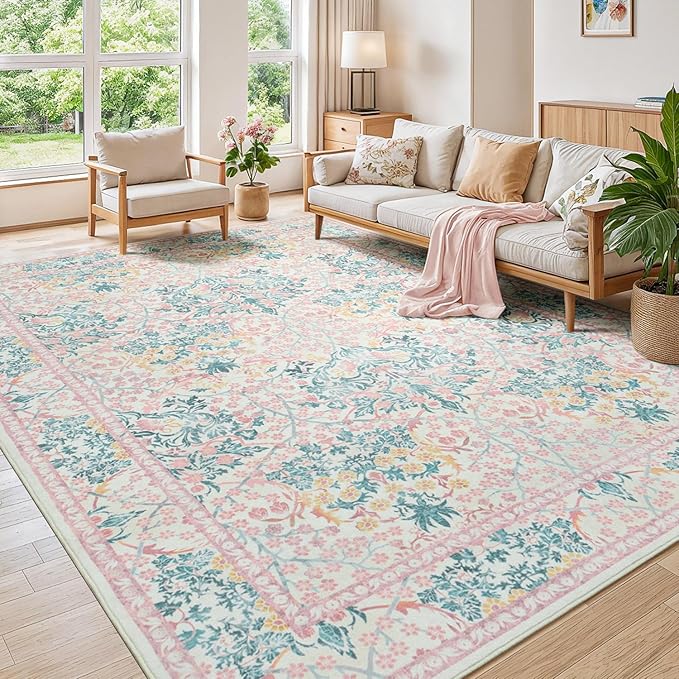 Lessymo 9x12 Washable Rug for Living Room, Soft Pink Area Rugs for Bedroom Dining Room Nursery, Boho Non Slip Forest Design Large Carpet Distressed Retro Indoor, Pink Green